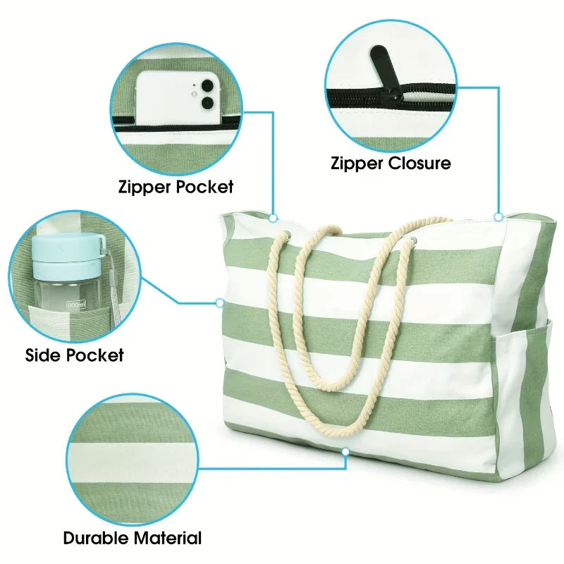 Women's Stripe Canvas Tote Bag – Rope Handle Zip Top Large Beach Summer