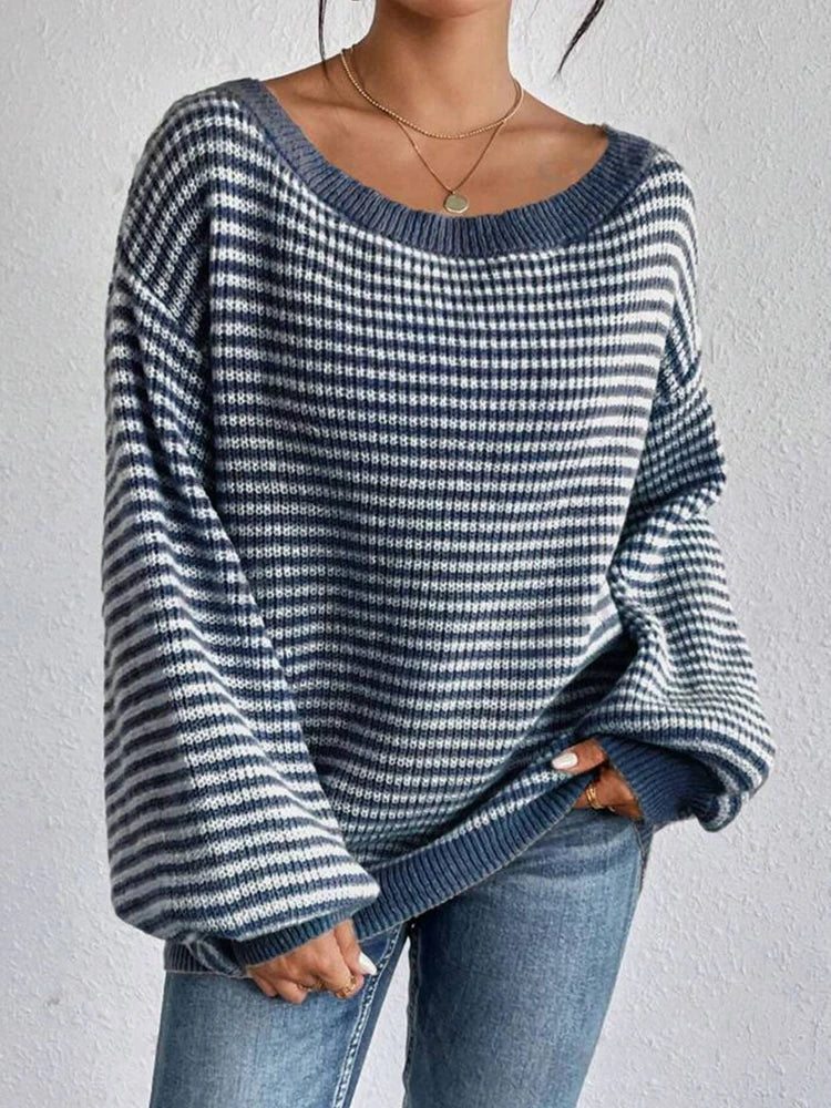 Women's Striped Off Shoulder Knit Sweater – Long Sleeve Oversized Pullover