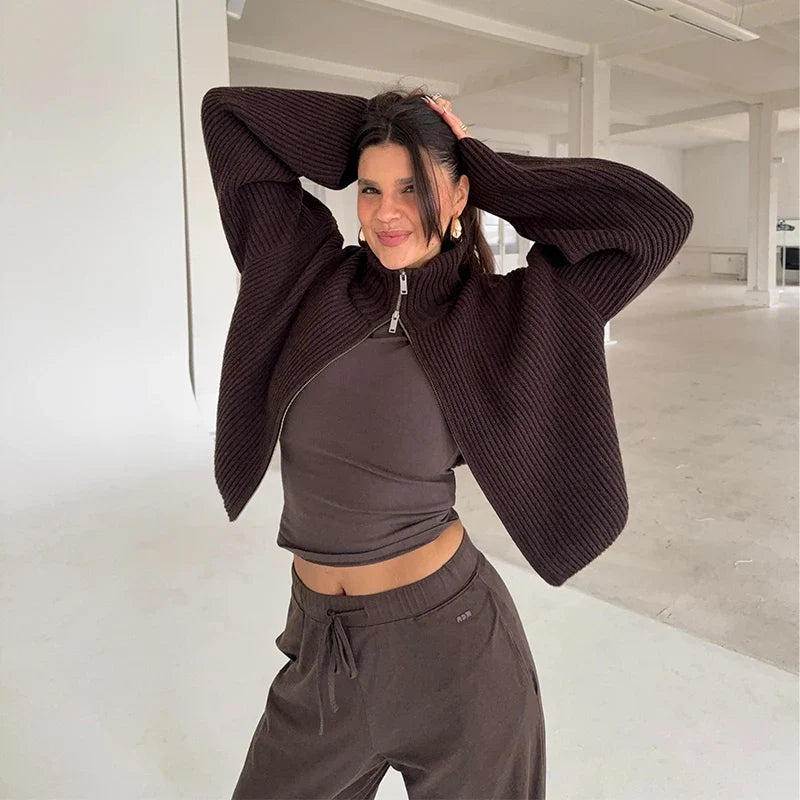 Women's Striped Ribbed Cardigan – Full Zip Turtleneck Oversized Knit Sweater