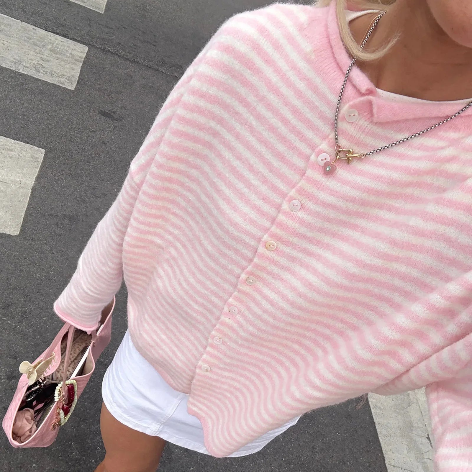 Women's Striped Round Neck Cardigan – Button Front Long Sleeve Knit Sweater