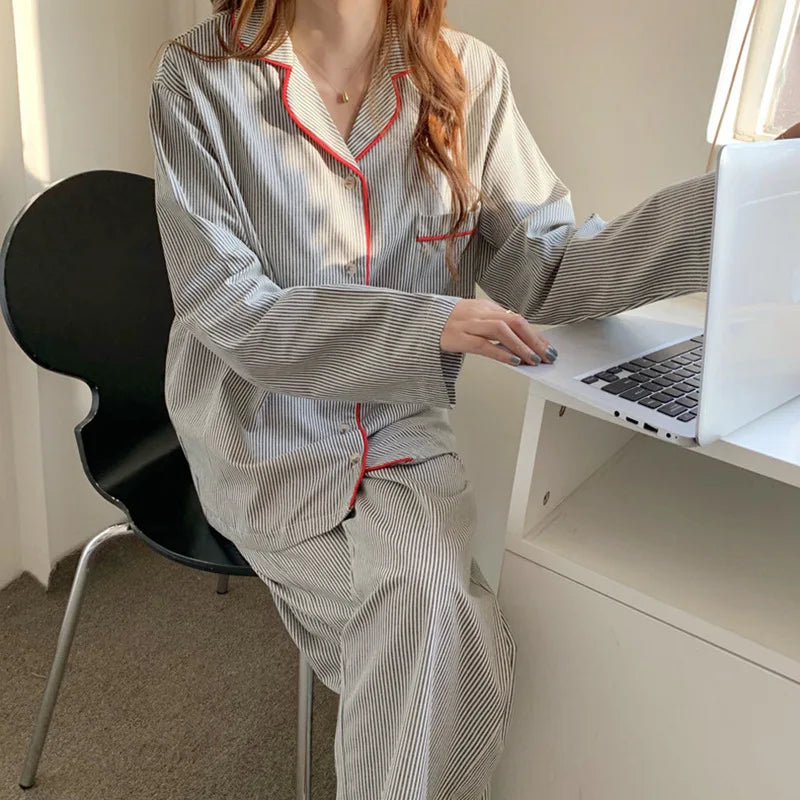 Women's Striped Two Piece Pajama Set – Notch Collar Button Front Nightwear