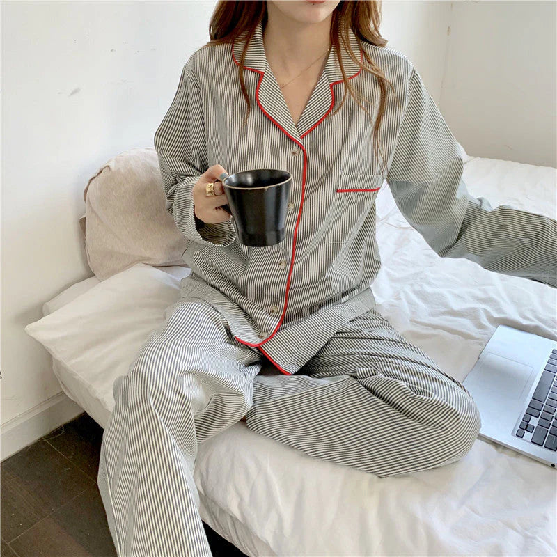 Women's Striped Two Piece Pajama Set – Notch Collar Button Front Nightwear