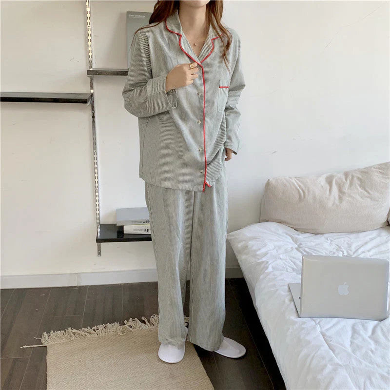 Women's Striped Two Piece Pajama Set – Notch Collar Button Front Nightwear