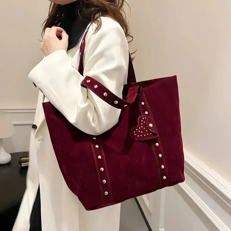 Women's Stud Detail Shoulder Tote Bag – Heart Patch Open Top Casual
