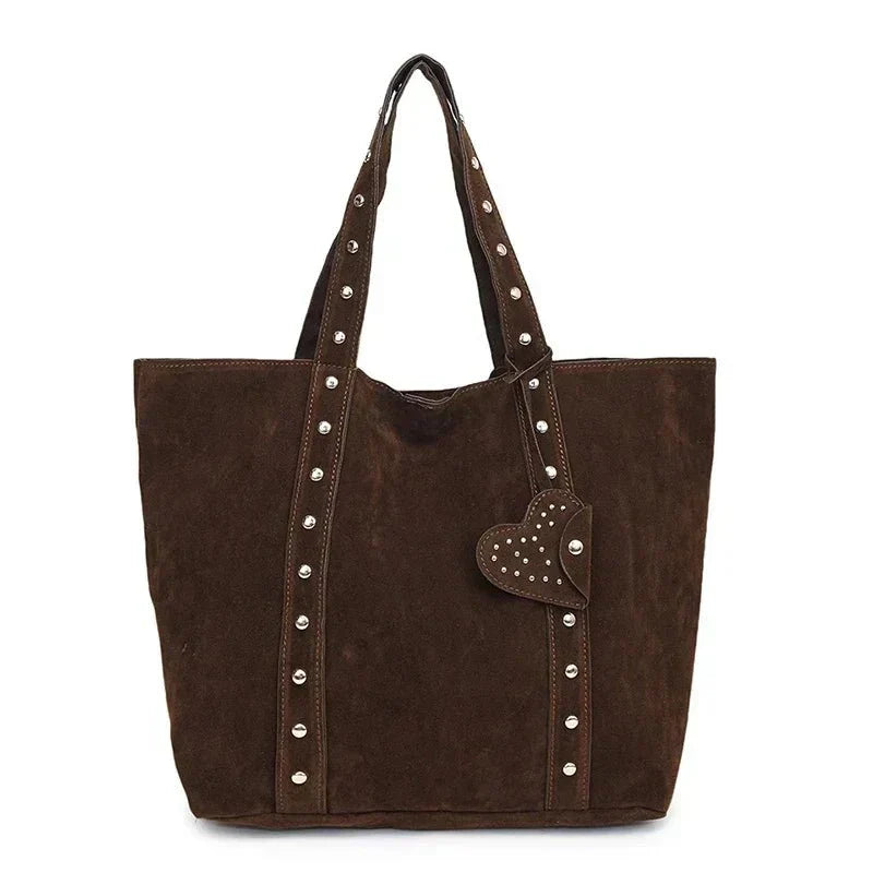 Women's Stud Detail Shoulder Tote Bag – Heart Patch Open Top Casual