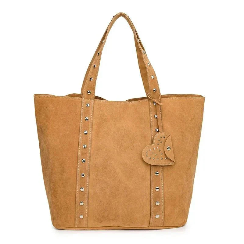 Women's Stud Detail Shoulder Tote Bag – Heart Patch Open Top Casual