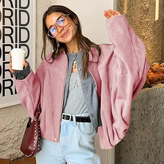 Women's Suede Cropped Bomber Jacket – Zip Front Point Collar Oversized