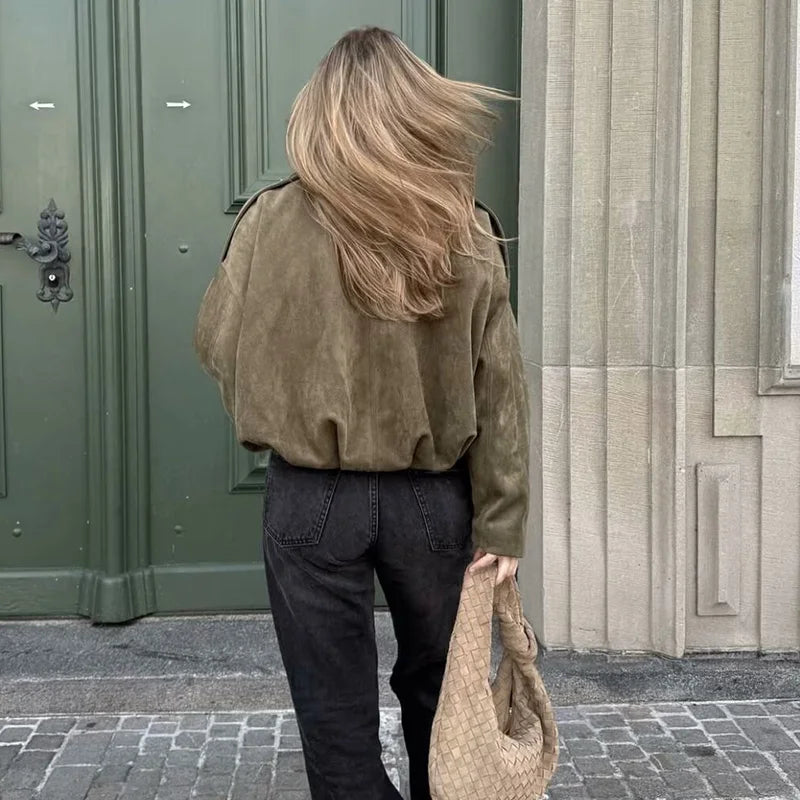 Women's Suede Cropped Bomber Jacket – Zip Front Point Collar Oversized