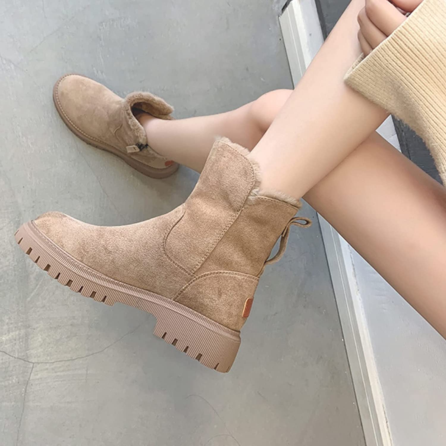 Women's Suede Flat Ankle Boots – Side Zip Plush Collar Lug Sole Winter