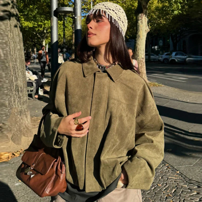 Women's Suede Oversized Bomber Jacket – Zip Front Point Collar Street