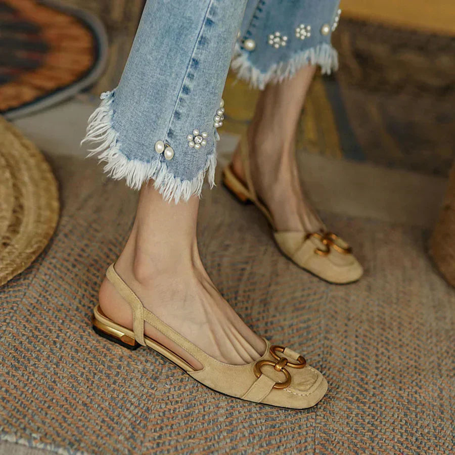 Women's Suede Slingback Loafer Heels – Round Toe Gold Horsebit Block Heel
