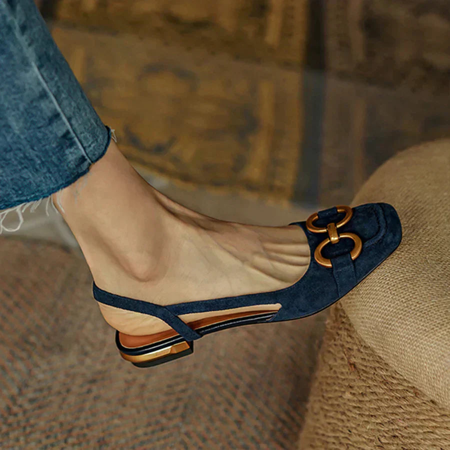 Women's Suede Slingback Loafer Heels – Round Toe Gold Horsebit Block Heel
