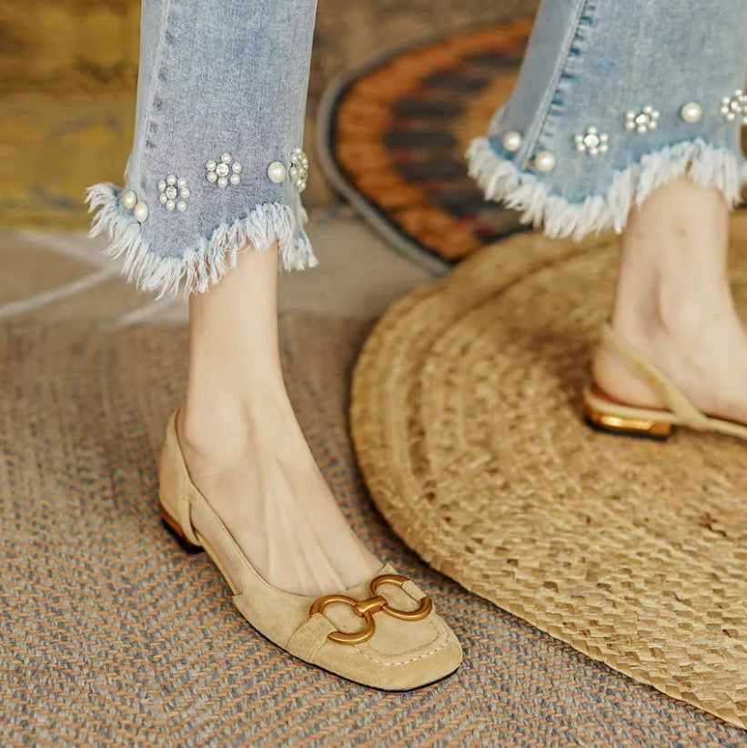 Women's Suede Slingback Loafer Heels – Round Toe Gold Horsebit Block Heel