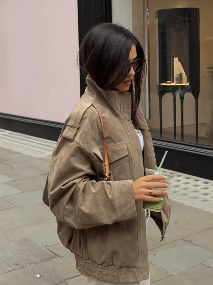 Women's Suede Utility Jacket – Stand Collar Zip Front Cargo Pocket
