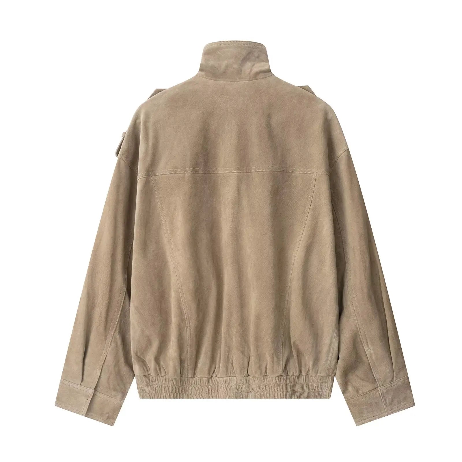Women's Suede Utility Jacket – Stand Collar Zip Front Cargo Pocket
