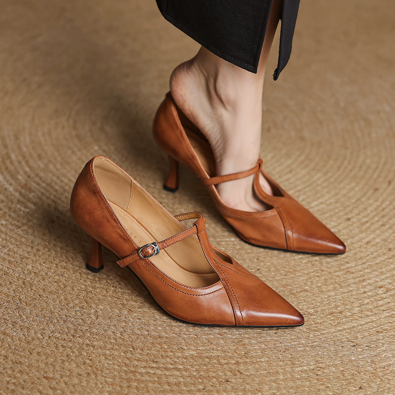 Women's T-Strap Pointed Toe Pumps – Kitten Heel Buckle Office Work Shoes
