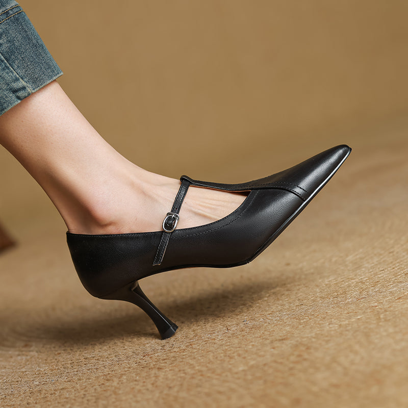 Women's T-Strap Pointed Toe Pumps – Kitten Heel Buckle Office Work Shoes