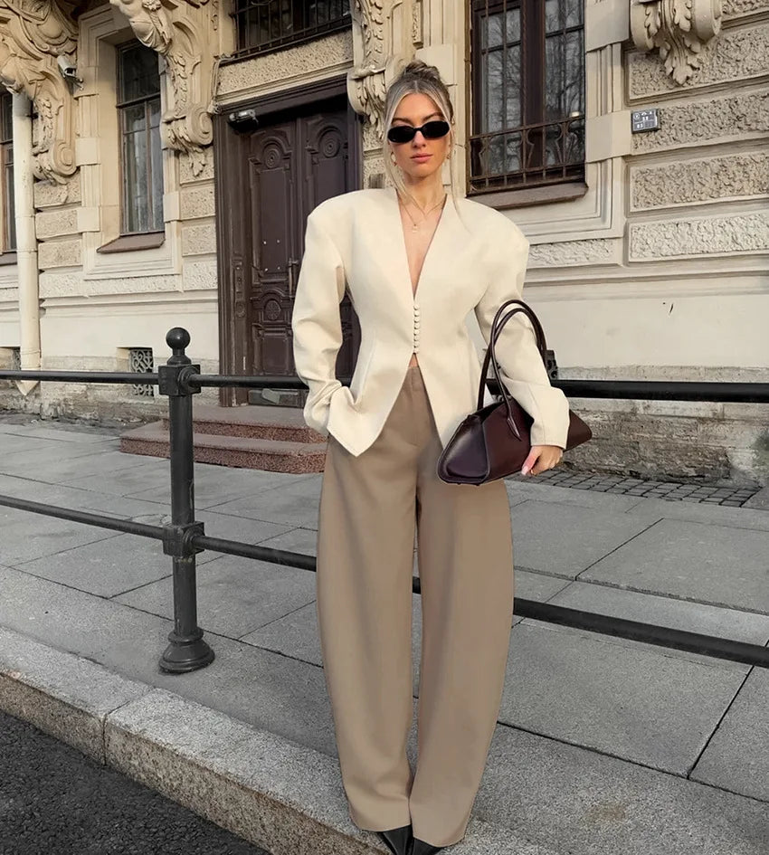 Women's Tailored V-Neck Blazer – Button Front Long Sleeve Collarless Office