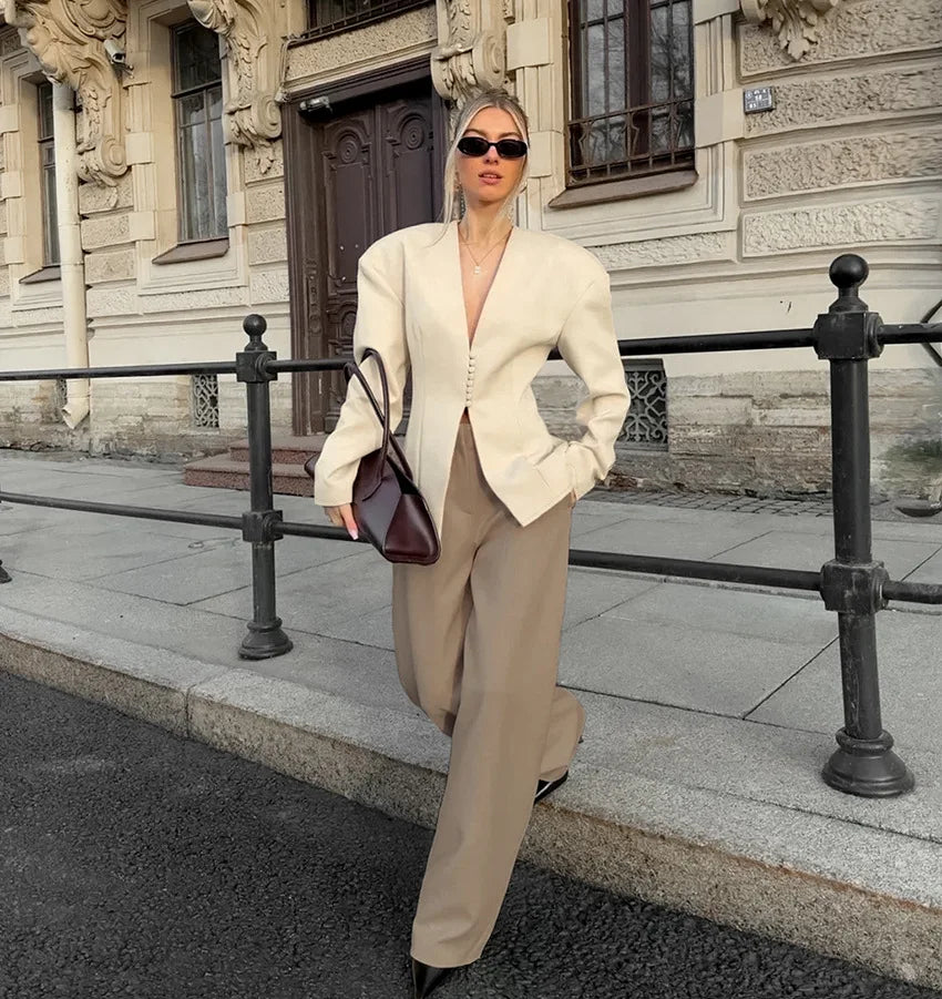 Women's Tailored V-Neck Blazer – Button Front Long Sleeve Collarless Office