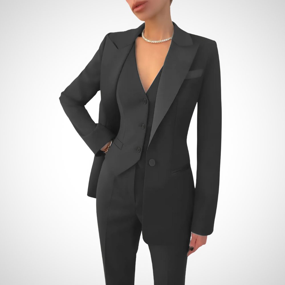 Women's Three-Piece Blazer Vest Trouser Suit – Peaked Lapel Work Office Set