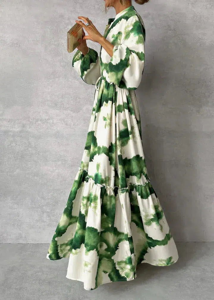 Women's Tie Dye Maxi Dress – V Neck Long Sleeve Belted Tiered Wedding Guest