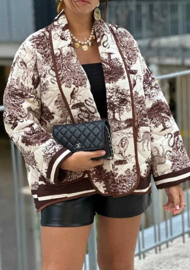 Women's Toile Scenic Print Jacket – Open Front Long Sleeve Contrast Trim
