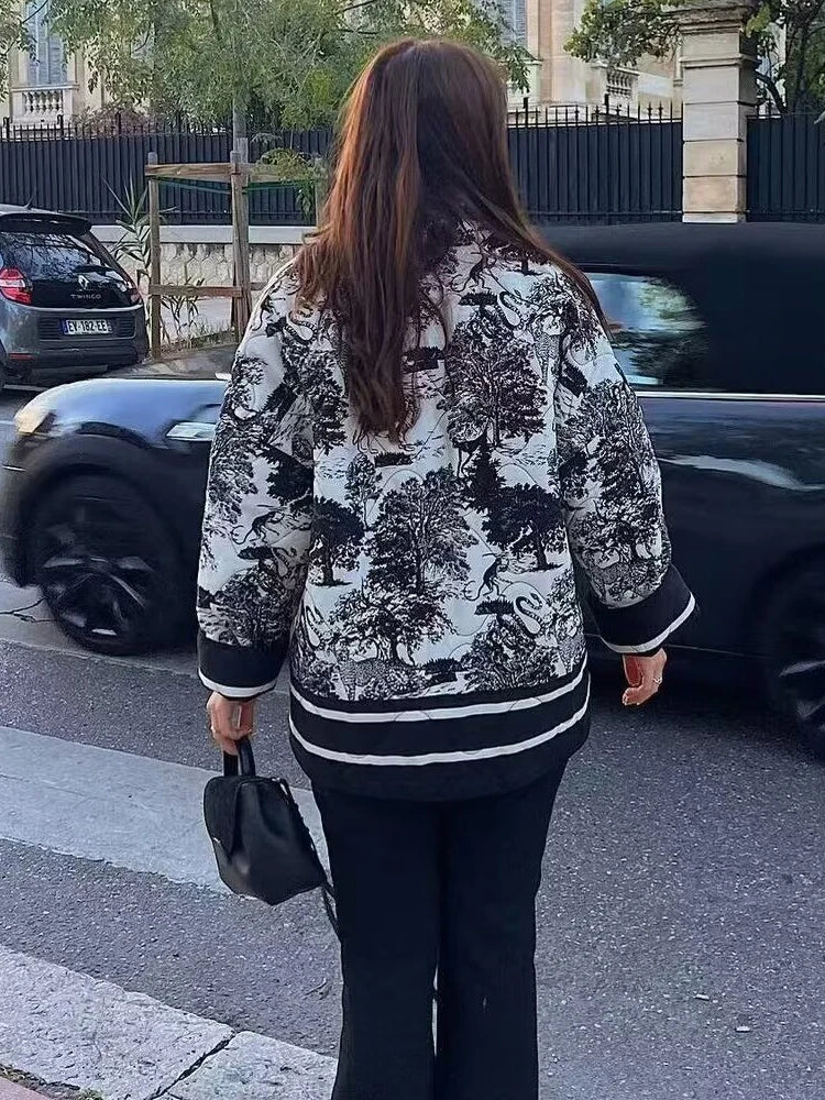 Women's Toile Scenic Print Jacket – Open Front Long Sleeve Contrast Trim