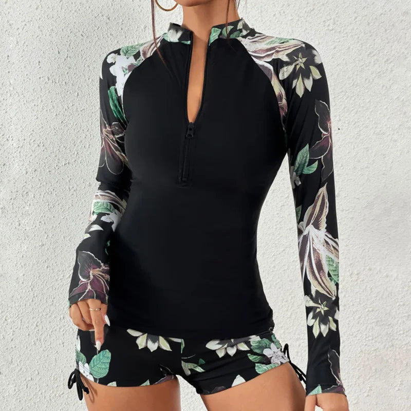 Women's Tropical Floral Two Piece Swimsuit – Long Sleeve Half Zip Rash Guard