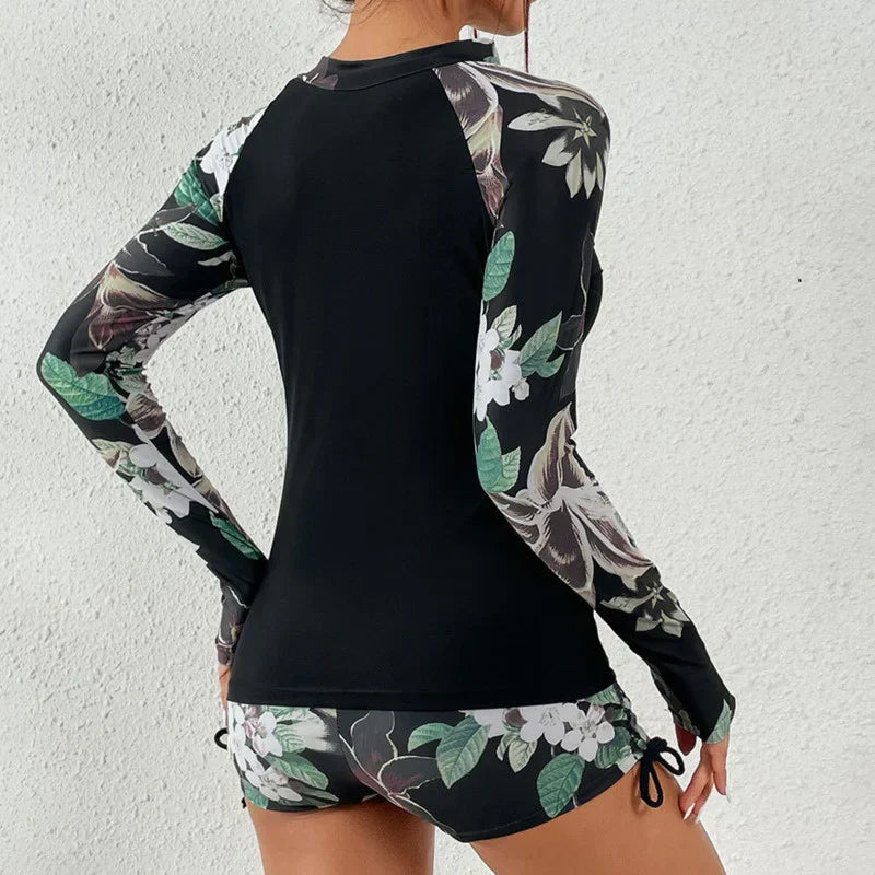 Women's Tropical Floral Two Piece Swimsuit – Long Sleeve Half Zip Rash Guard