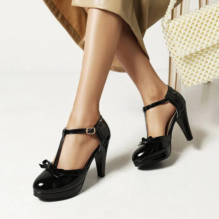 Women's Two-Tone Patent Round Toe Pumps – T-Strap Bow Platform Block Heel