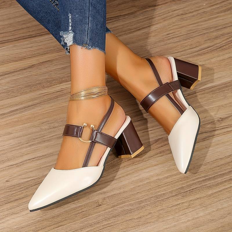 Women's Two-Tone Pointed Toe Slingback Pumps – Block Heel Ring Strap Office