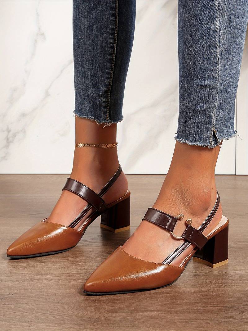 Women's Two-Tone Pointed Toe Slingback Pumps – Block Heel Ring Strap Office