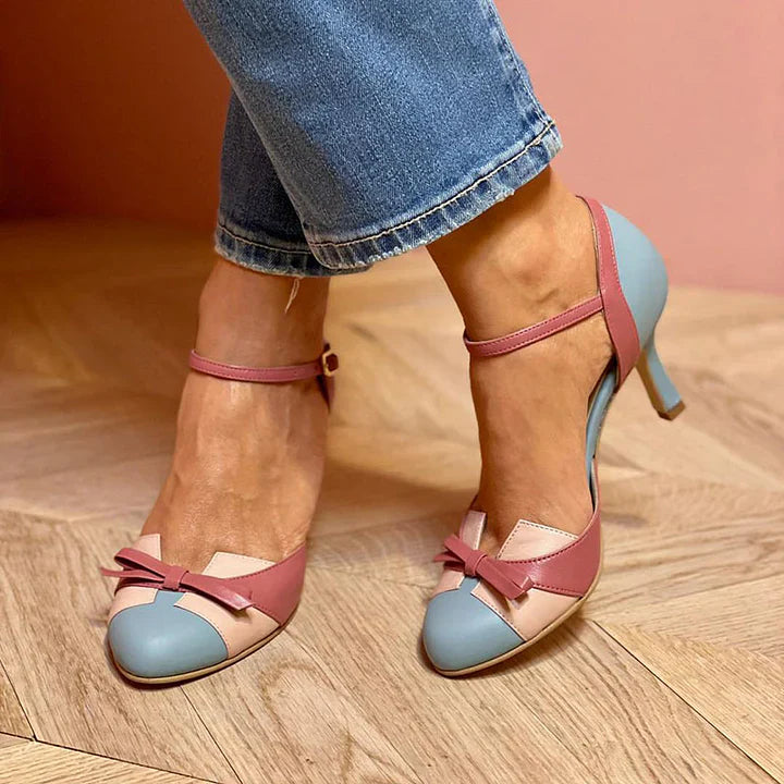 Women's Two-Tone Round Toe Heels – Bow Ankle Strap Buckle Wedding Party