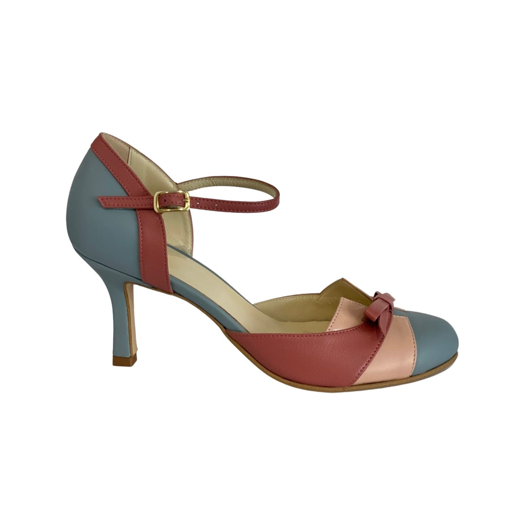 Women's Two-Tone Round Toe Heels – Bow Ankle Strap Buckle Wedding Party