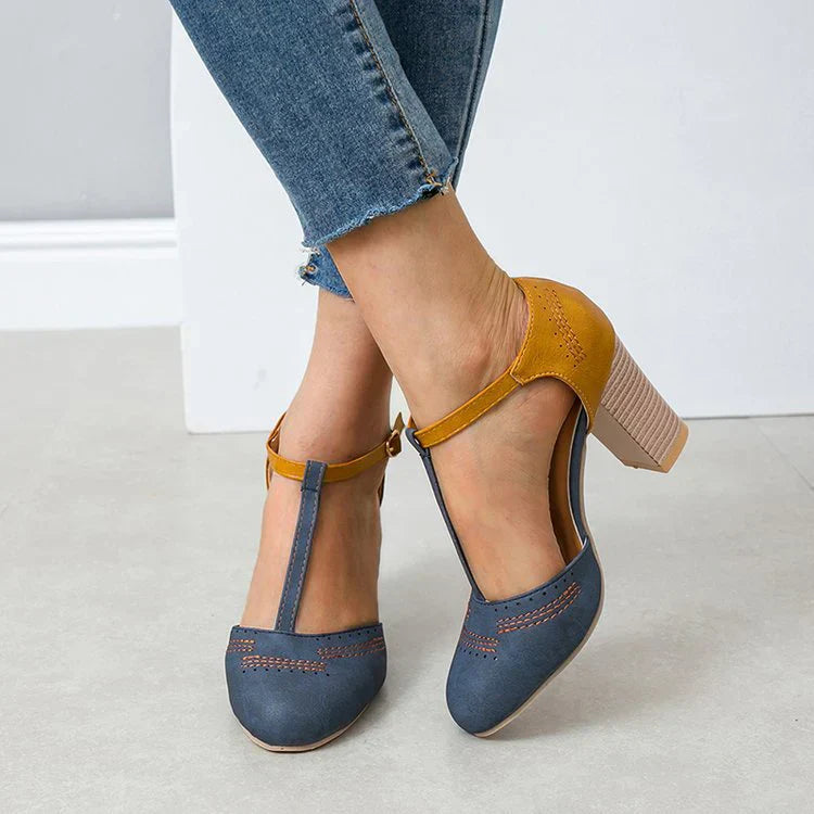 Women's Two-Tone Round Toe Pumps – T-Strap Block Heel Perforated Office