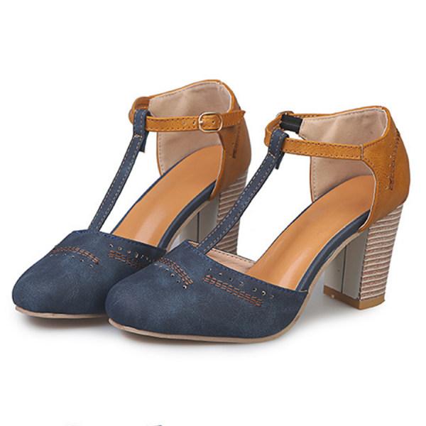 Women's Two-Tone Round Toe Pumps – T-Strap Block Heel Perforated Office