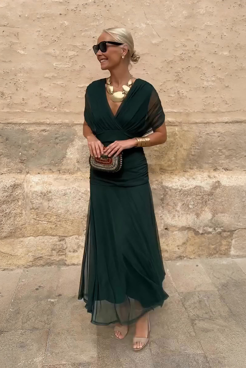 Women's V Neck Maxi Dress – Sheer Sleeve Ruched Waist Wedding Guest