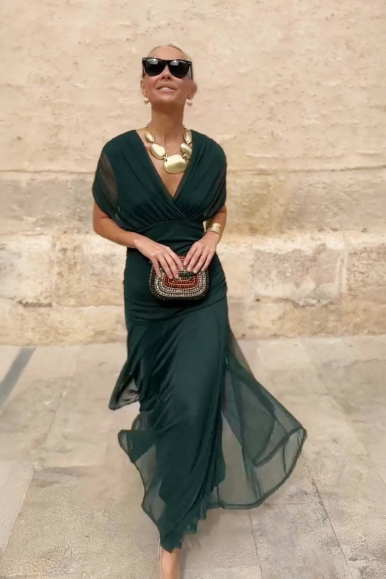 Women's V Neck Maxi Dress – Sheer Sleeve Ruched Waist Wedding Guest
