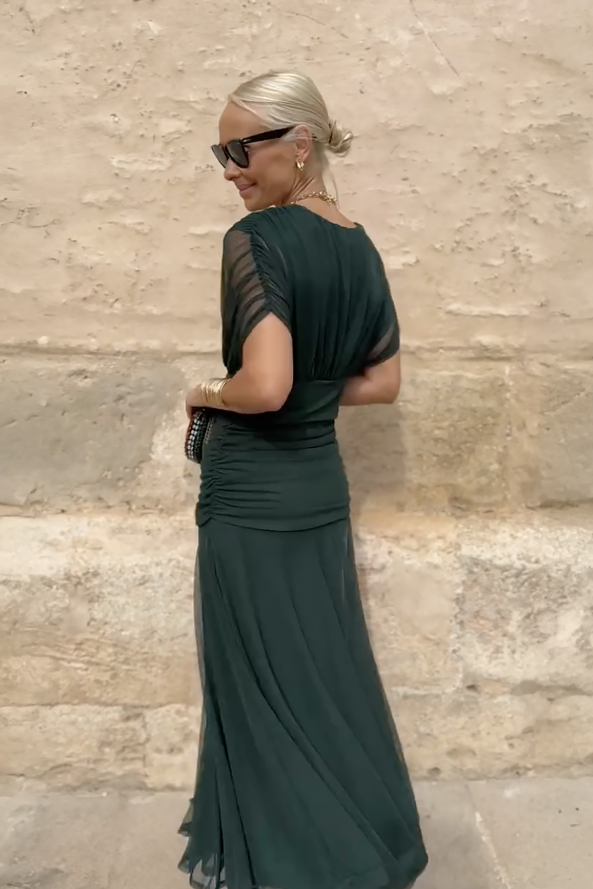Women's V Neck Maxi Dress – Sheer Sleeve Ruched Waist Wedding Guest
