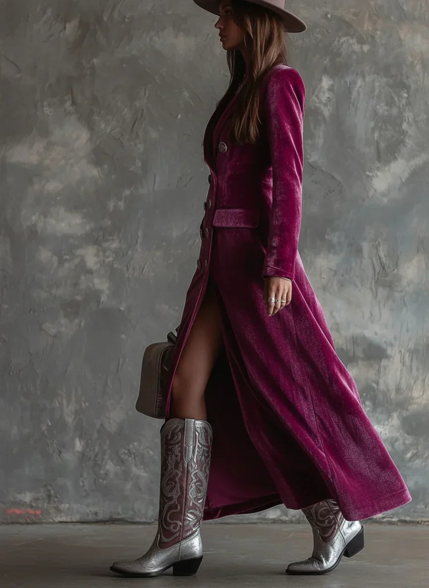 Women's Velvet Maxi Dress – Double Breasted Lapel Collar Wedding Guest