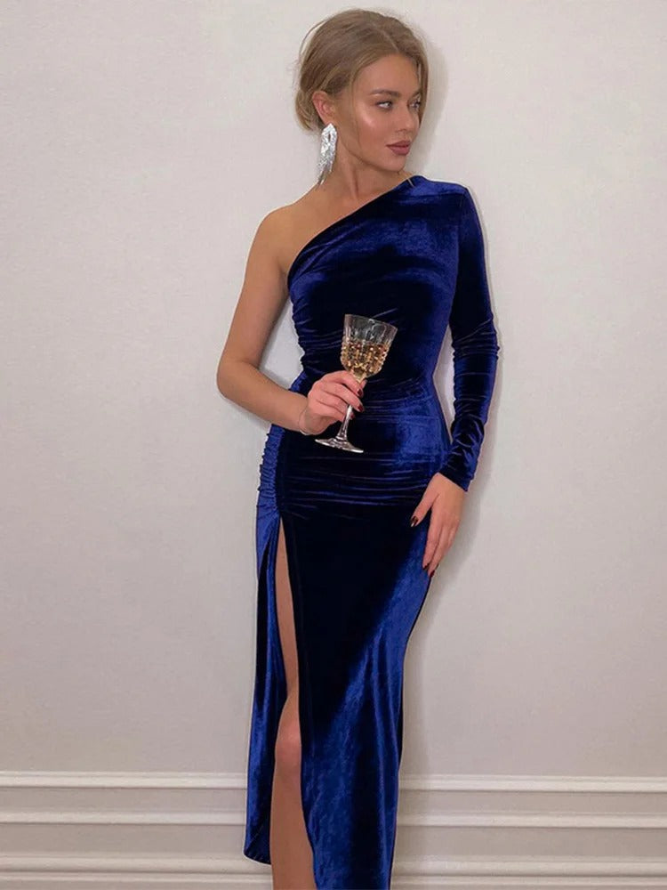 Women's Velvet One Shoulder Midi Dress – Ruched Long Sleeve Evening