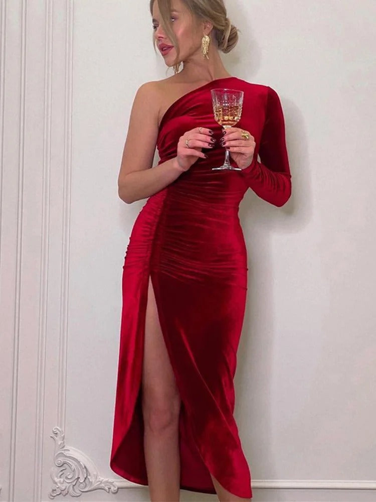 Women's Velvet One Shoulder Midi Dress – Ruched Long Sleeve Evening