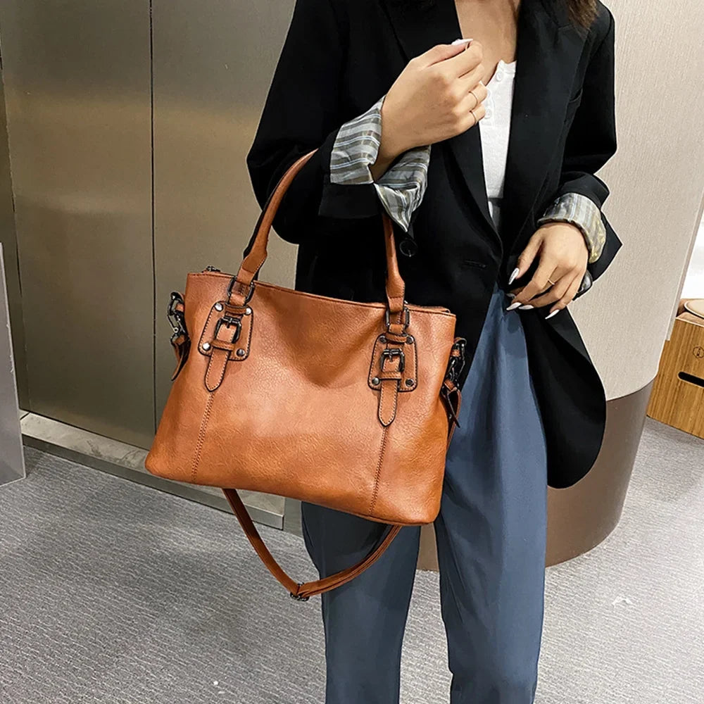 Women's Vintage Shoulder Bag – Buckle Detail Top Handle Crossbody Work Tote