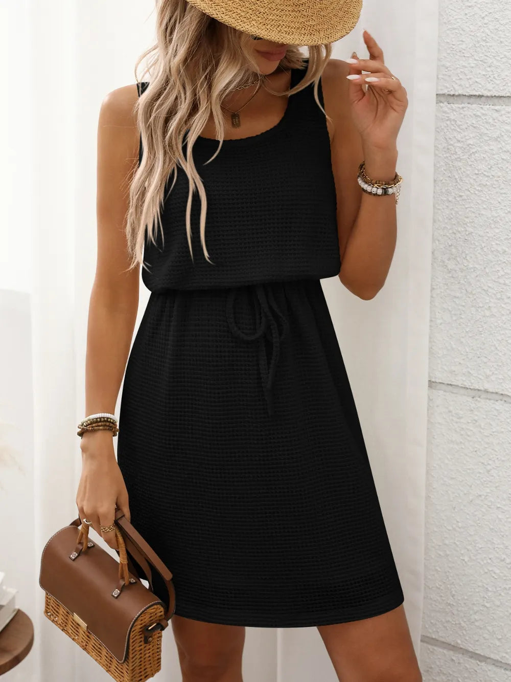 Women's Waffle Knit Mini Dress – Sleeveless Scoop Neck Drawstring Waist