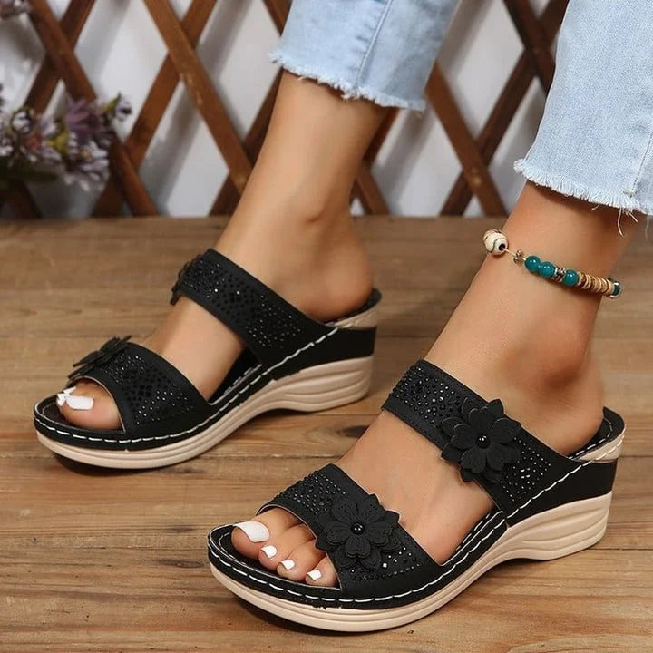Women's Wedge Slide Sandals – Floral Embellished Double Strap Open Toe Summer