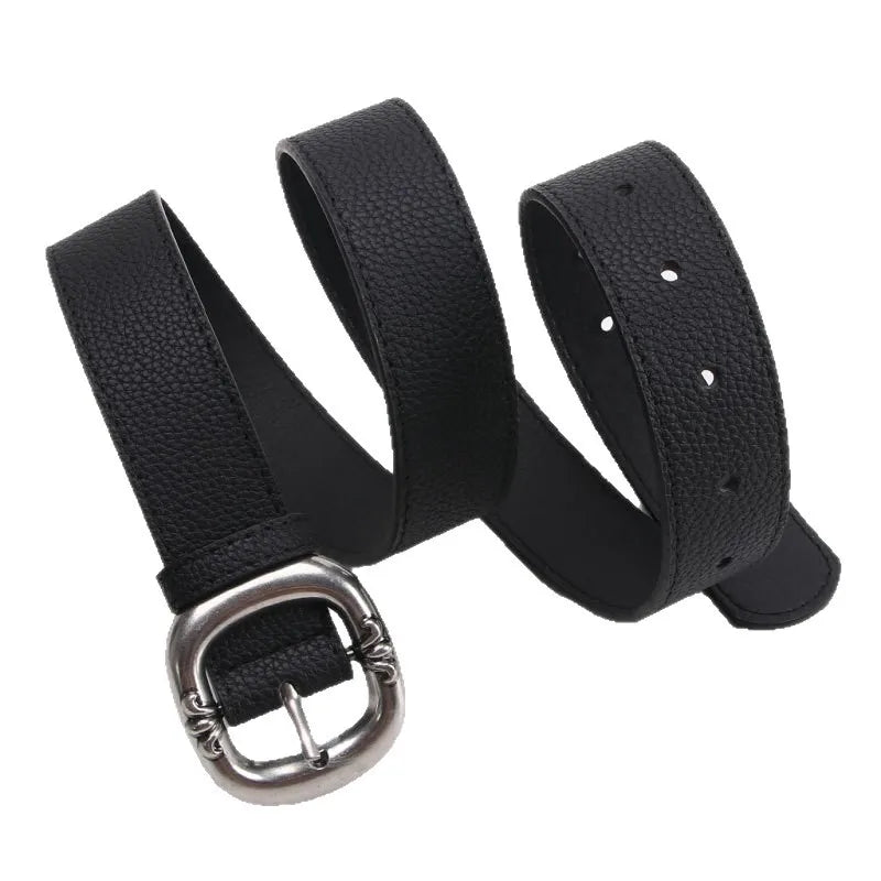 Women's Wide Faux Leather Belt – Oval Pin Buckle Pebbled Everyday Casual