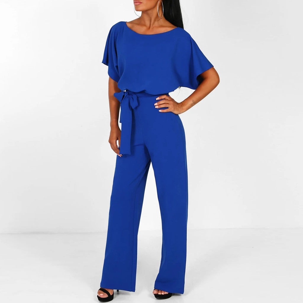Women's Wide Leg Belted Jumpsuit – Bateau Neck Batwing Sleeve Smart Casual