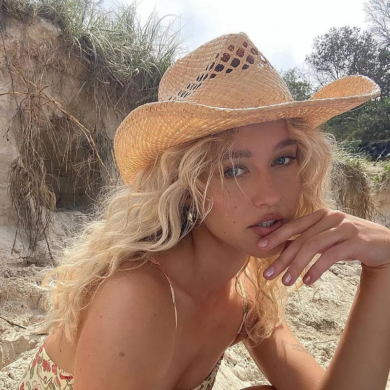 Women's Woven Raffia Straw Cowboy Hat – Wide Brim Fringed Edge Summer