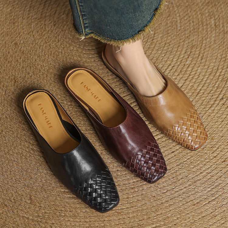 Women's Woven Square Toe Mule Shoes – Flat Block Heel Slip On Casual