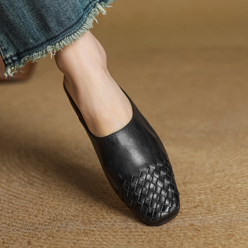 Women's Woven Square Toe Mule Shoes – Flat Block Heel Slip On Casual